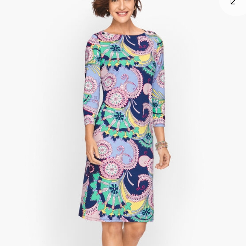 Talbots Dress Shift sz Large Jersey   Spiral Paisley Eclectic Multicolor BOHO